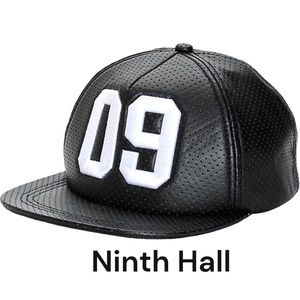 NINTH HALL 09 BLACK PERFORATED LEATHER SNAPBACK HAT NWT